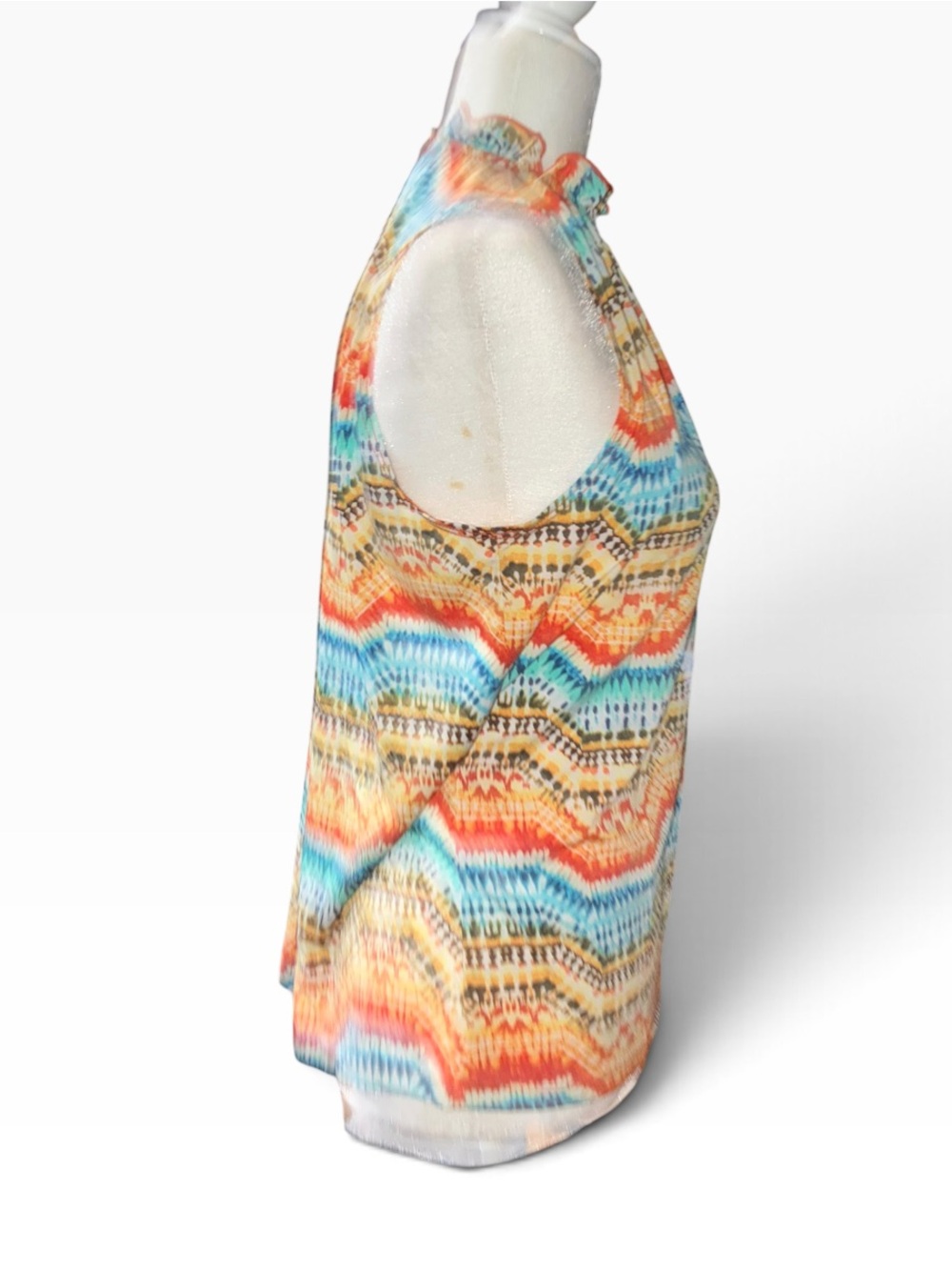 Sleeveless Ruffle Neck Multi-Color Wave Print Top - Picture 3 of 7
